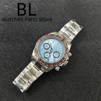 BLIGER 39mm VK63 Men's Quartz Chronograph Watch Ceramic Brown Insert Ice Blue Dial With C3 Luminous Sapphire Crystal Waterproof