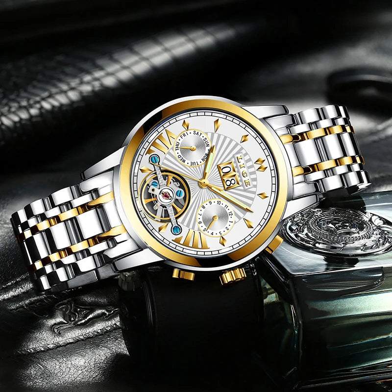 Montres-bracelets mécaniques automatiques pour hommes LIGE – Montre de luxe haut de gamme avec tourbillon, modèle élégant et étanche, idéal pour le travail ou les occasions formelles.