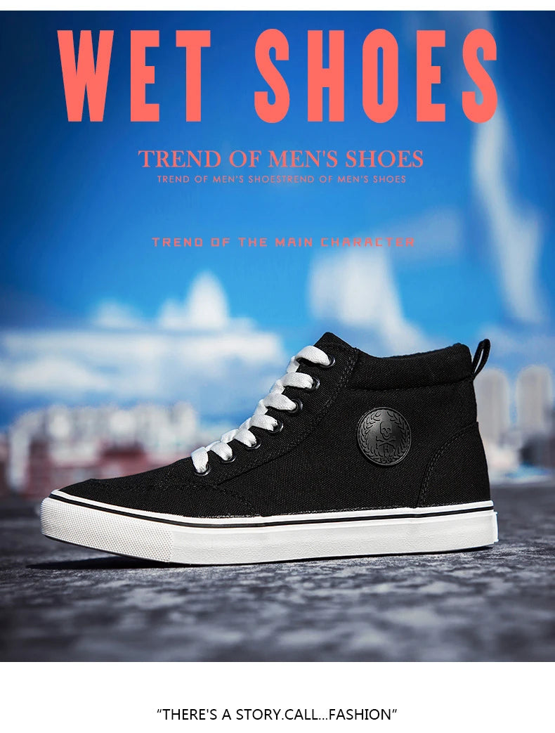 Pánské vysoké plátěné tenisky, nazouvací, šněrovací, ležérní, celočerné, základní skateové boty pro studenty, s plochou podrážkou, pohodlné sportovní boty