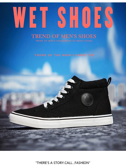 Pánské vysoké plátěné tenisky, nazouvací, šněrovací, ležérní, celočerné, základní skateové boty pro studenty, s plochou podrážkou, pohodlné sportovní boty