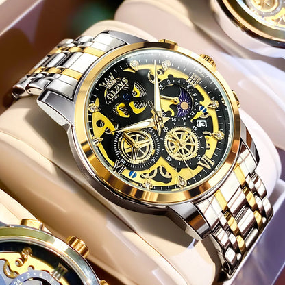 OLEVS Herrenuhr – Luxusmodell, wasserdicht, Quarzwerk, Skelett-Design, 24-Stunden-Anzeige (Tag/Nacht), goldfarben