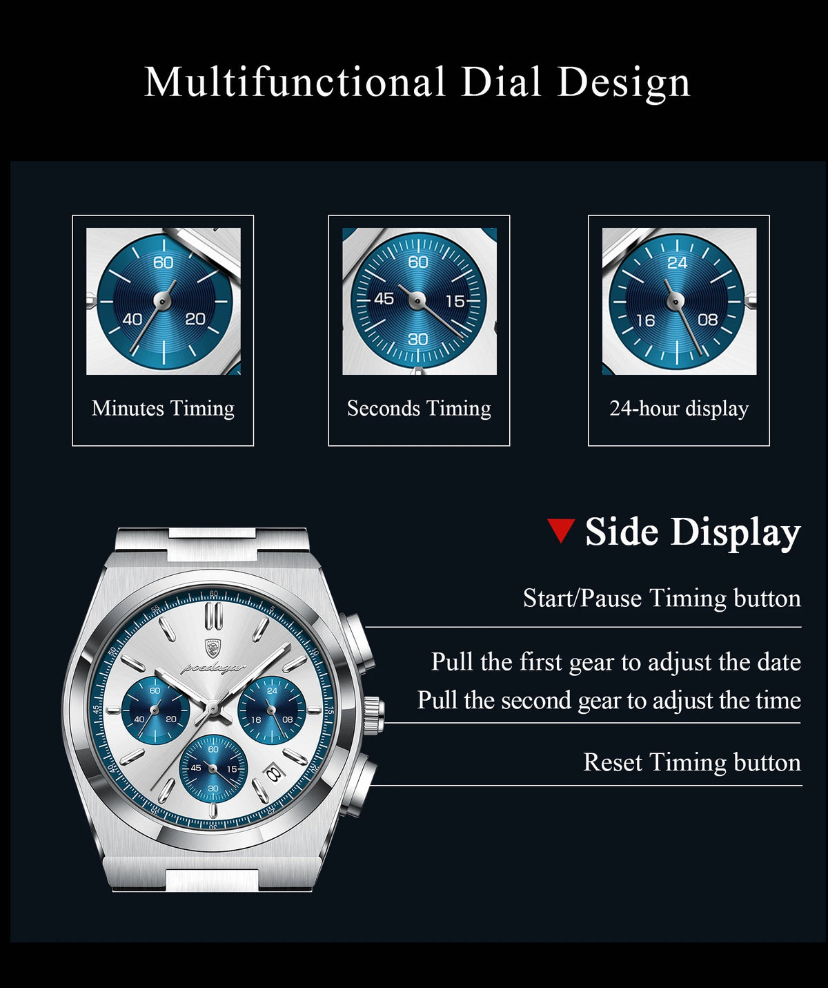 POEDAGAR Fashion Men's Wristwatch Chronograph Date Stainless Steel Quartz Man Clock Waterproof Luminous Business Watches For Men