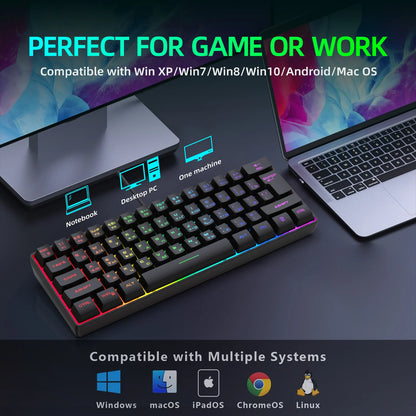 Gaming Keyboard,Russian/English RGB Backlit 61 Key Ultra-Compact Keyboard, Waterproof Mechanical Feeling Office aming Keyboards