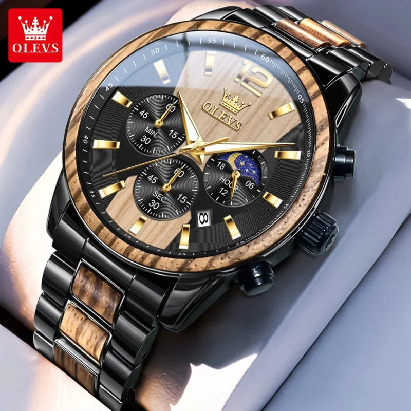 Reloj de hombre OLEVS 3645 de madera, de lujo, con iluminación nocturna, cronógrafo multifuncional, de cuarzo, estilo retro, reloj deportivo de moda.