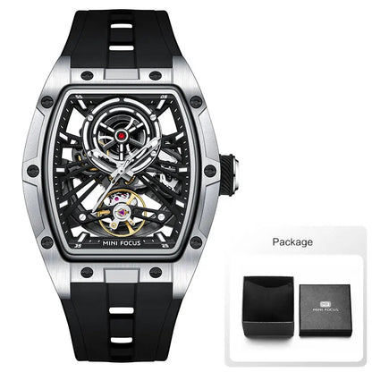 MINI FOCUS Herren-Armbanduhr, modisch, schwarz, wasserdicht, automatische mechanische Uhr mit Leuchtzeigern, Silikonarmband und Tonneau-Zifferblatt