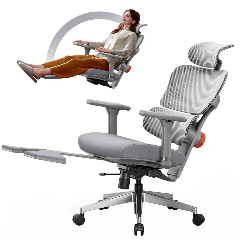 NEWTRAL NT002 Ergonomic Chair, Adaptive Lower Back Support, Adjustable Armrest Headrest Footrest, Gray, Cushioned 4D Armrest