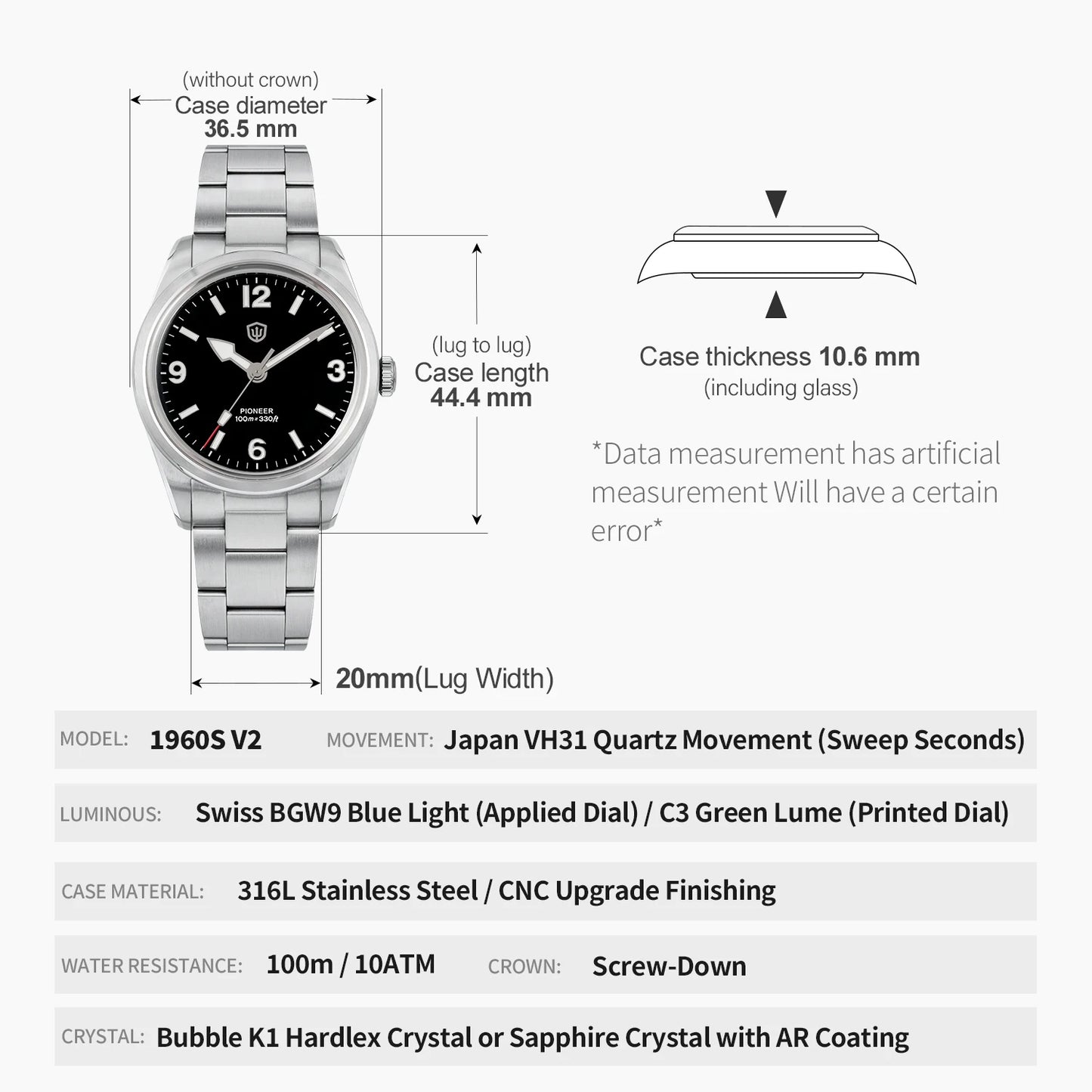 Watchdives WD1960S V2 36.5mm Men’s Quartz Watch VH31 Sweep-Seconds Movement  Sapphire Crystal BGW9/C3 Luminous  Watch for Men