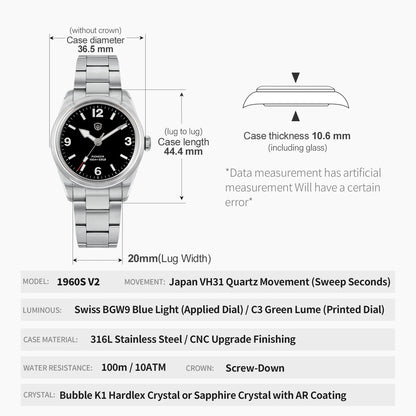 Watchdives WD1960S V2 36.5mm Men’s Quartz Watch VH31 Sweep-Seconds Movement  Sapphire Crystal BGW9/C3 Luminous  Watch for Men