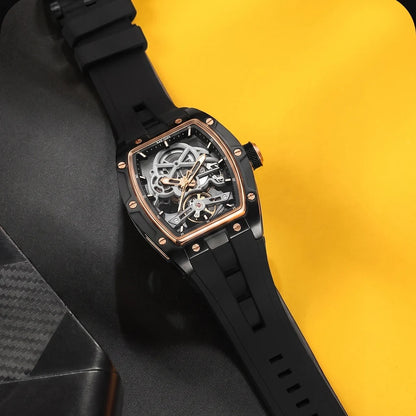 Reloj mecánico para hombre MEGIR, forma de barril, esfera esqueletizada calada, estilo deportivo, correa de silicona, reloj automático de lujo