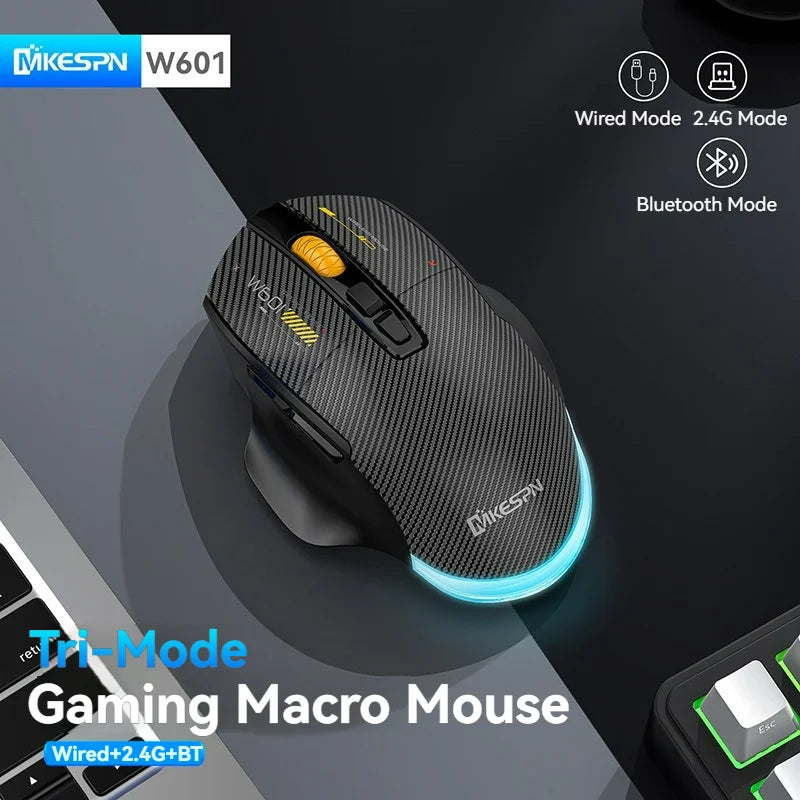 Ποντίκι gaming από ανθρακονήματα 12800DPI, 2.4G ασύρματο, Bluetooth και ενσύρματο, τριπλής λειτουργίας, αθόρυβο κουμπί, προγραμματισμός macro, 500mAh, 7 πλήκτρα