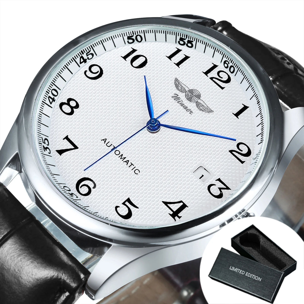 Klassiek herenhorloge – Retrostijl met datumweergave en blauwe wijzers, automatisch mechanisch uurwerk, prestigieus merk, stalen kast en leren band