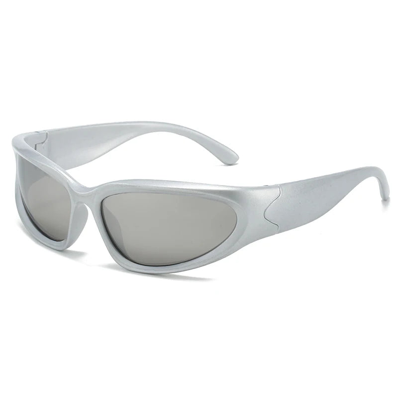 Y2K Wrap Around Sunglasses Fashion Rave Metallic Chrome Space Alien Glasses Futuristic Shades Sports for Women Men