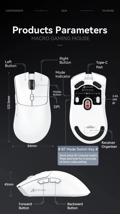 ATTACK SHARK R1 59g Ultra-light Mouse have PAW3311,18000DPI,400IPS,40G,1000Hz,Tri-Mode,Broadcom BK3633 Master,20 Million Times