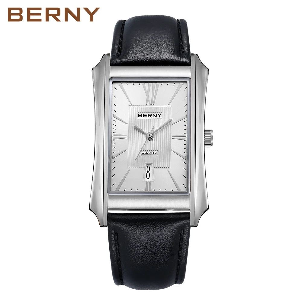 BERNY Watch for Men Rectangle Japan Quartz Wristwatch Waterproof Business Rectangular Dress Male Clock Top Genuine Leather Strap