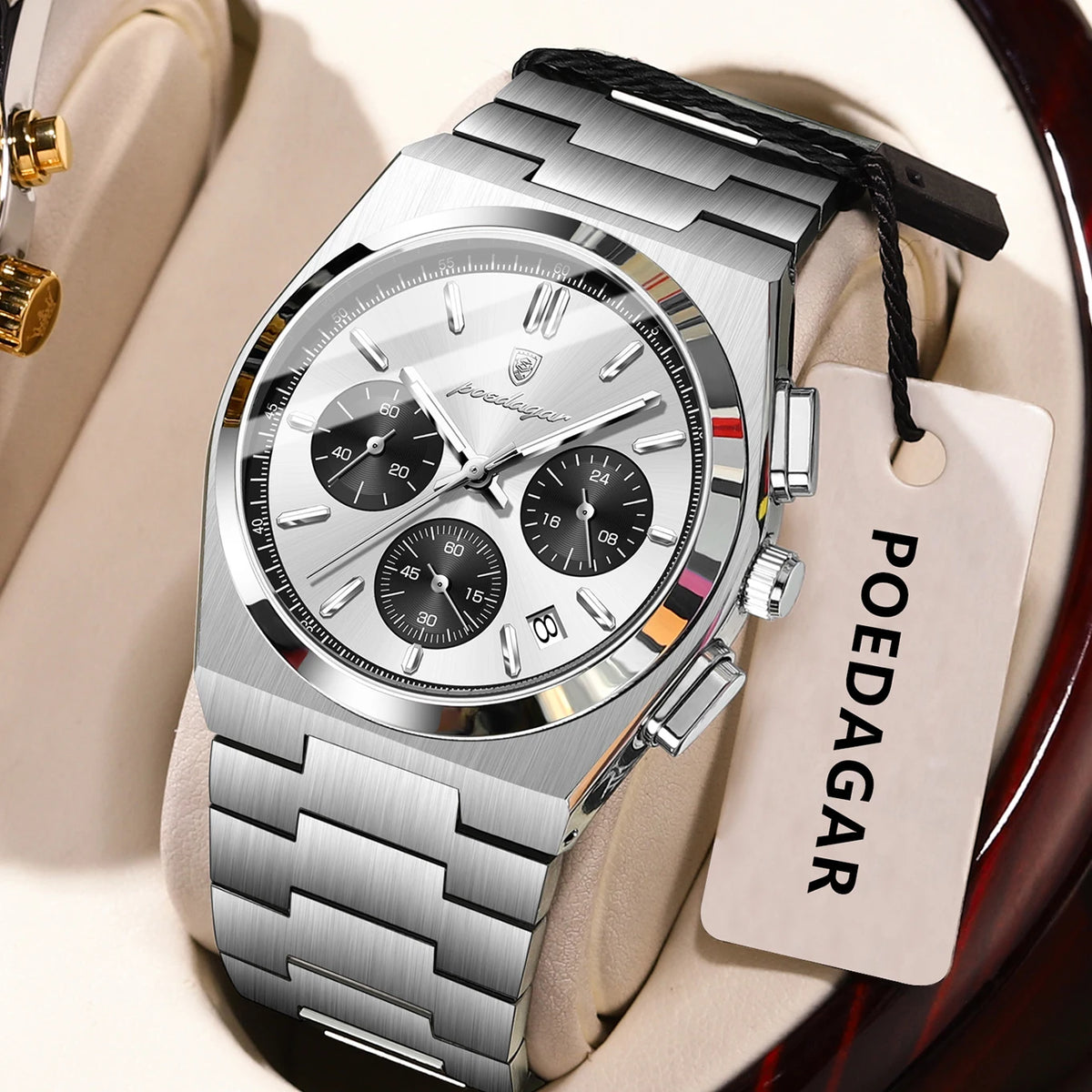 POEDAGAR herenhorloge – Luxe chronograaf van roestvrij staal, met datum, waterdicht en lichtgevend – Sportief quartz-polshorloge