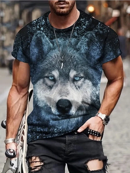 Fire Wolf Grafik-3D-Print Herren-T-Shirt Sommer Oversized Casual T-Shirt Herrenmode Fitness Kurzarm-Oberteil Tee-Shirt