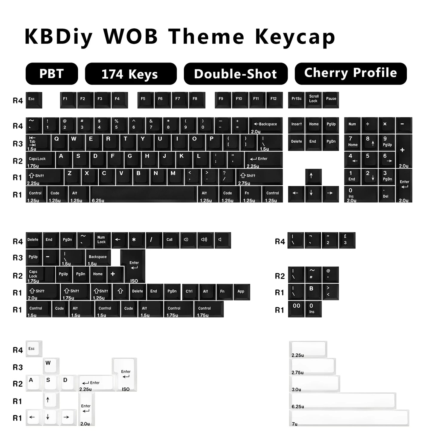 KBDiy GMK WOB Keycap Cherry Profile Double Shot PBT ISO 7u Black and White Keycaps For Mechanical Keyboard Retro Gaming Key Cap