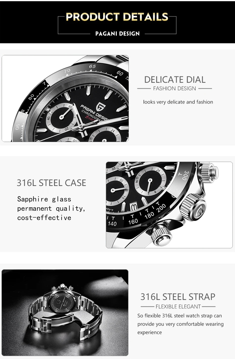 2025 PAGANI DESIGN  New PD1644 Meteorite Dial Fashion Men Quartz Wristwatches 100M Sapphire Glass Chronograph relogio masculin