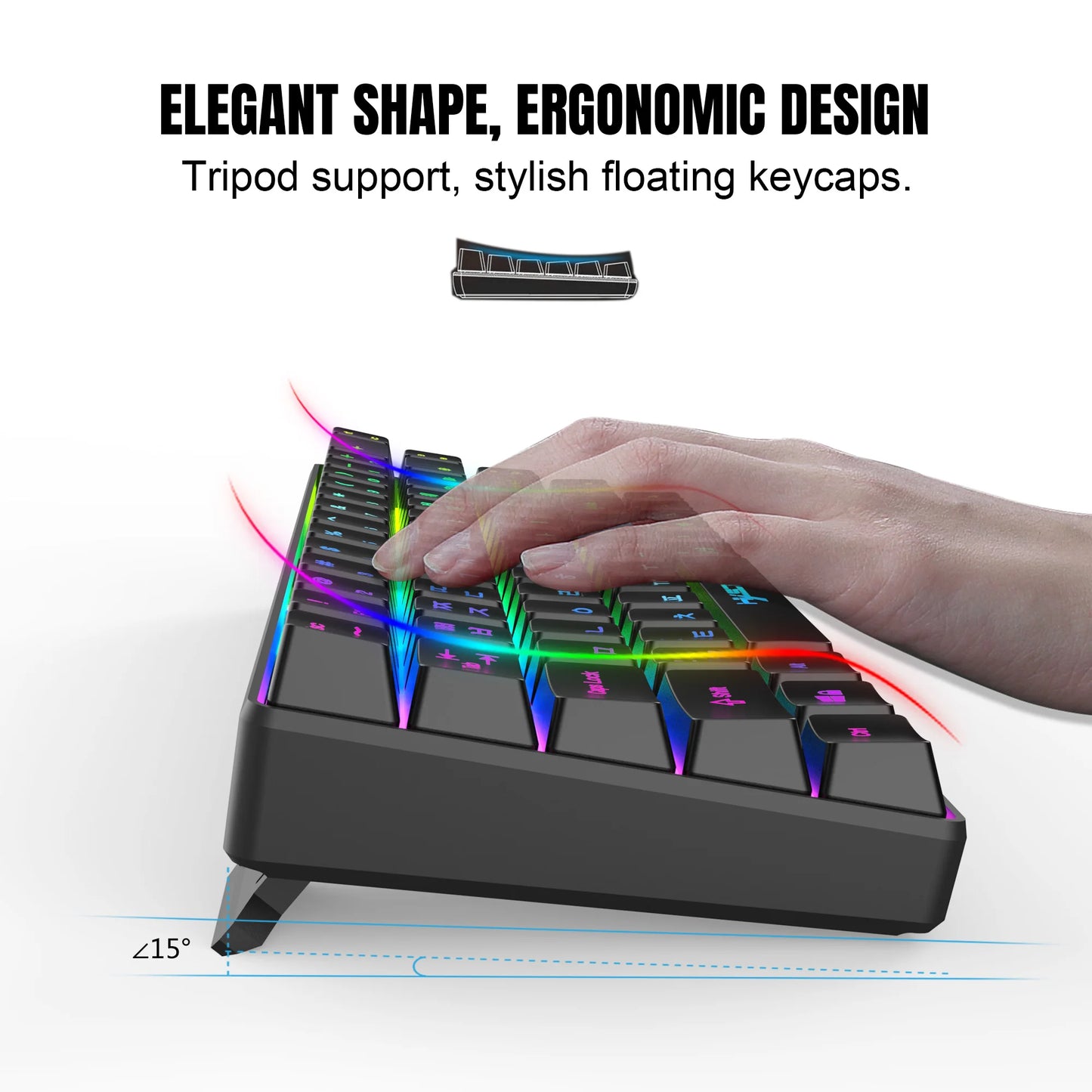 Portable HXSJ V200 68-key Korean gaming Keyboard, 65% RGB Backlit Wired office membrane Keyboard for Desktop PC and Laptops