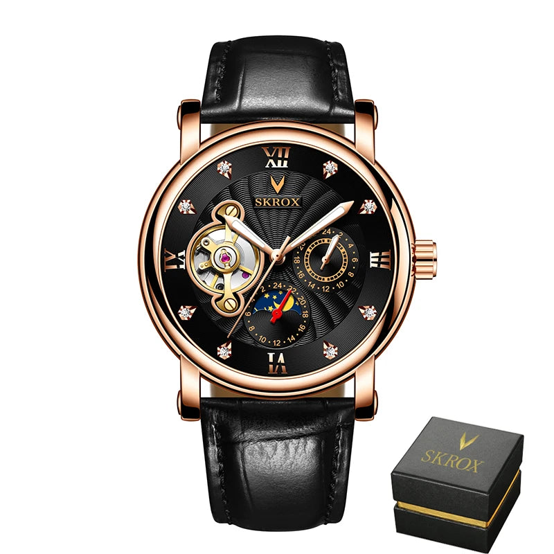 Luksusowy męski zegarek mechaniczny z automatycznym naciągiem, sygnowany przez renomowaną markę, wyposażony w tourbillon, wskaźnik faz księżyca i diamenty – elegancki zegarek na rękę.