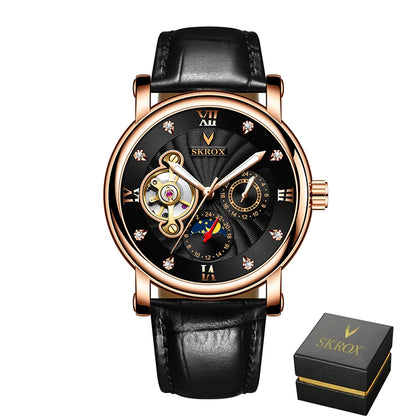 Luksusowy męski zegarek mechaniczny z automatycznym naciągiem, sygnowany przez renomowaną markę, wyposażony w tourbillon, wskaźnik faz księżyca i diamenty – elegancki zegarek na rękę.