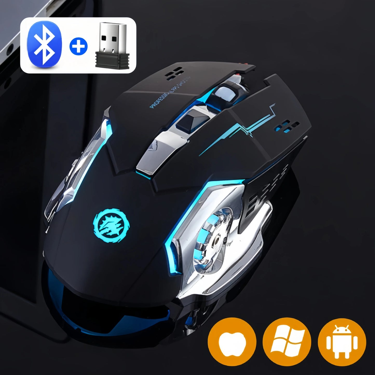 Dobíjecí bezdrátová herní myš – tichá Bluetooth/USB, RGB podsvícení, e-sport pro PC