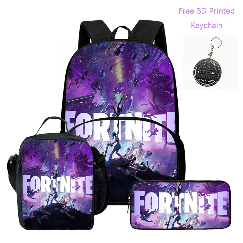 3-teiliges FORTNITE Cartoon-Schulset mit leichtem Rucksack, Fronttasche, Lunchbox und Federmäppchen für Kinder von 5-9 Jahren + kostenloser 3D-gedruckter Schlüsselanhänger