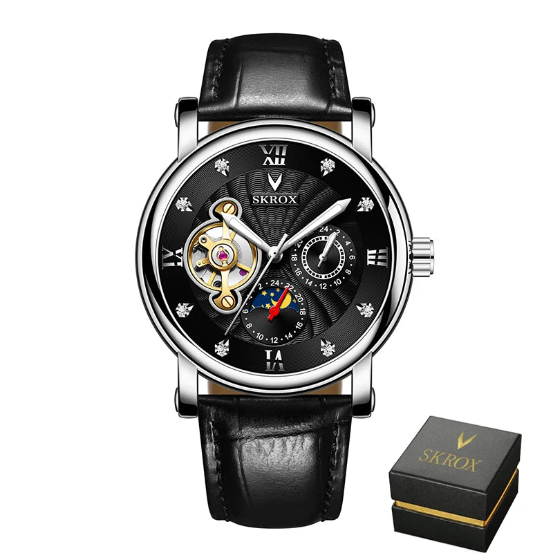 Luksusowy męski zegarek mechaniczny z automatycznym naciągiem, sygnowany przez renomowaną markę, wyposażony w tourbillon, wskaźnik faz księżyca i diamenty – elegancki zegarek na rękę.