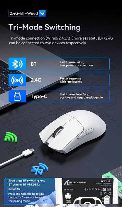 Mouse da gaming ATTACK SHARK X11 e mouse wireless X11 SE 22000 DPI, sensore PAW3311, BT/2.4G/cablato, ultraleggero 59g, 2000W clic