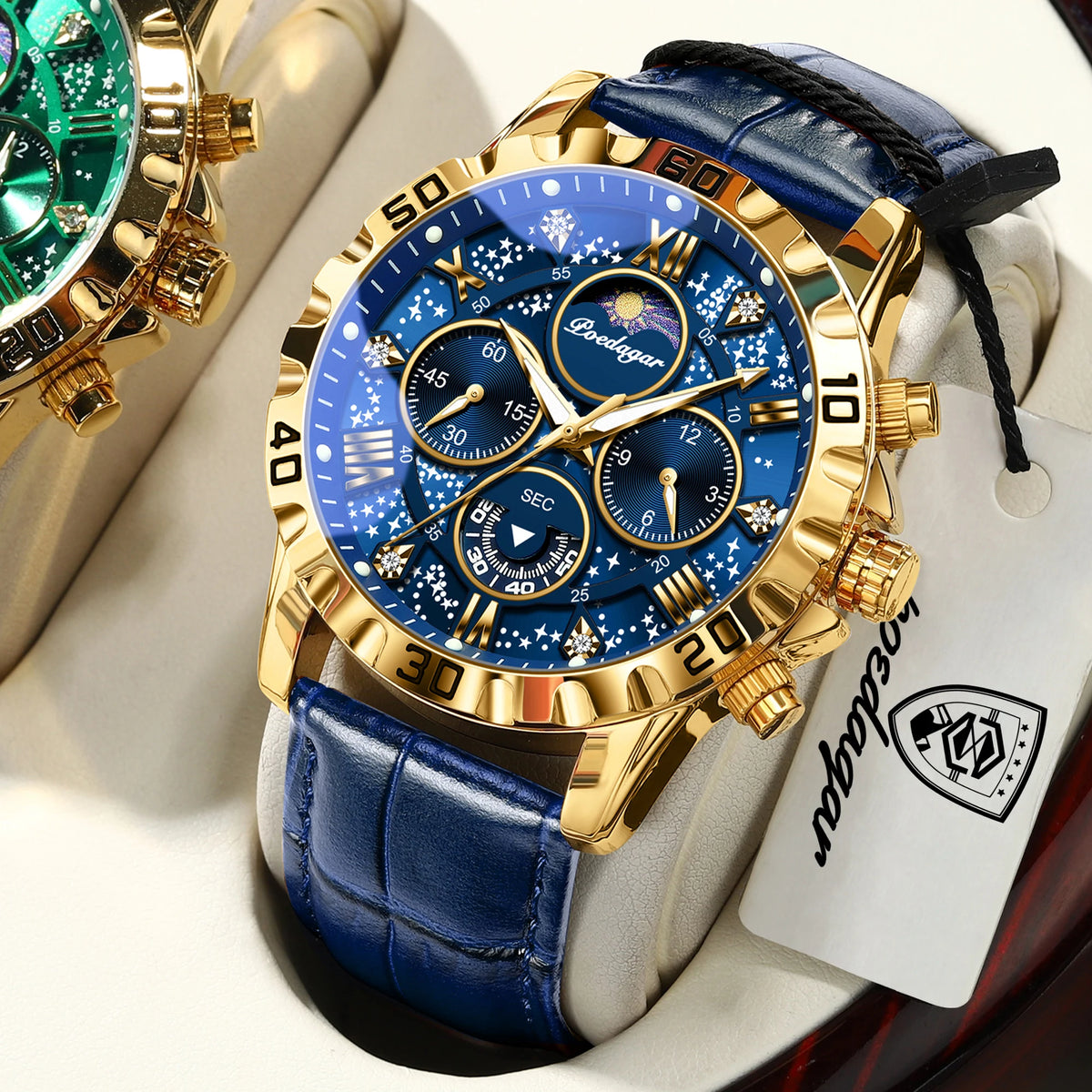 Luxus-Armbanduhr POEDAGAR für Herren – Sportlicher, wasserdichter und leuchtender Chronograph mit Lederarmband, Quarzwerk
