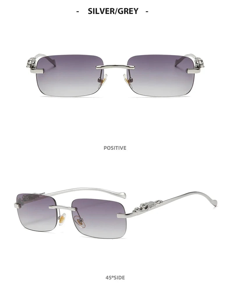New Rimless Rectangle Vintage Metal Leopard Head Sunglasses Fashion Frameless Tinted Glasses Shades for Women Men