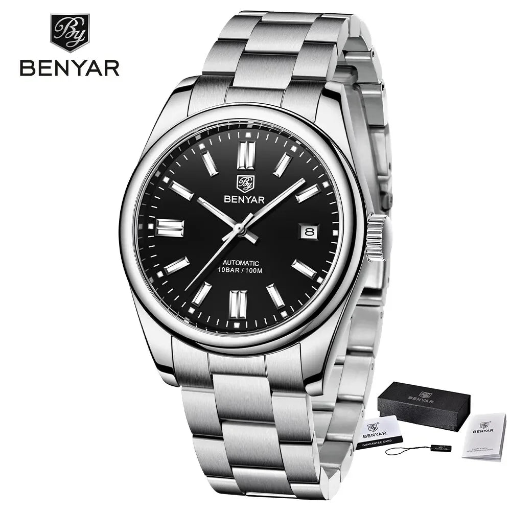 BENYAR 39mm Automatic Mechanical Watch Seagull Movt Men Stainless Steel 100M Waterproof Clock BWG-9 Luminous Reloj Hombre