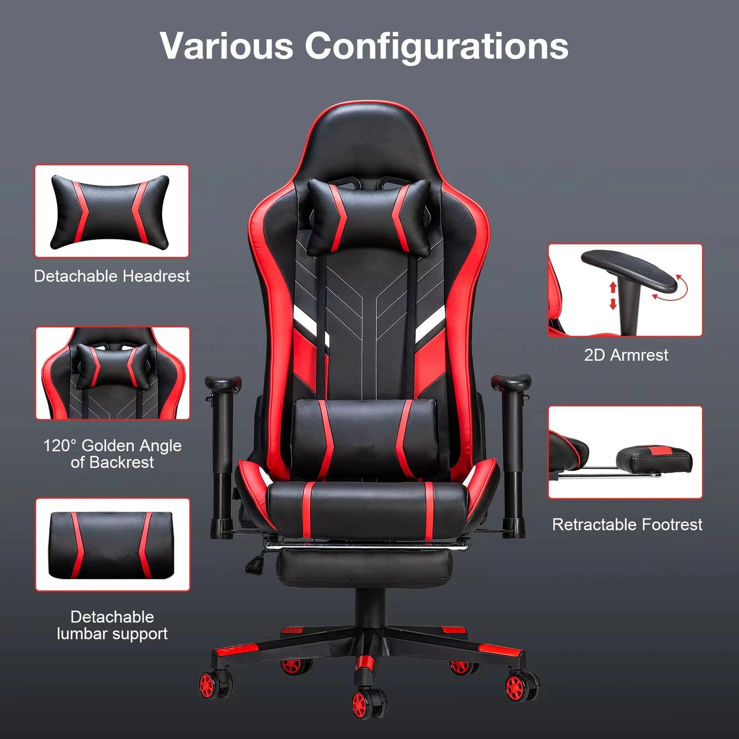 GC-RC03 Massage Gaming Chair 7-Point Adjustable Seat Height Ergonomic Office Chair with Footrest and Lumbar for Home Office