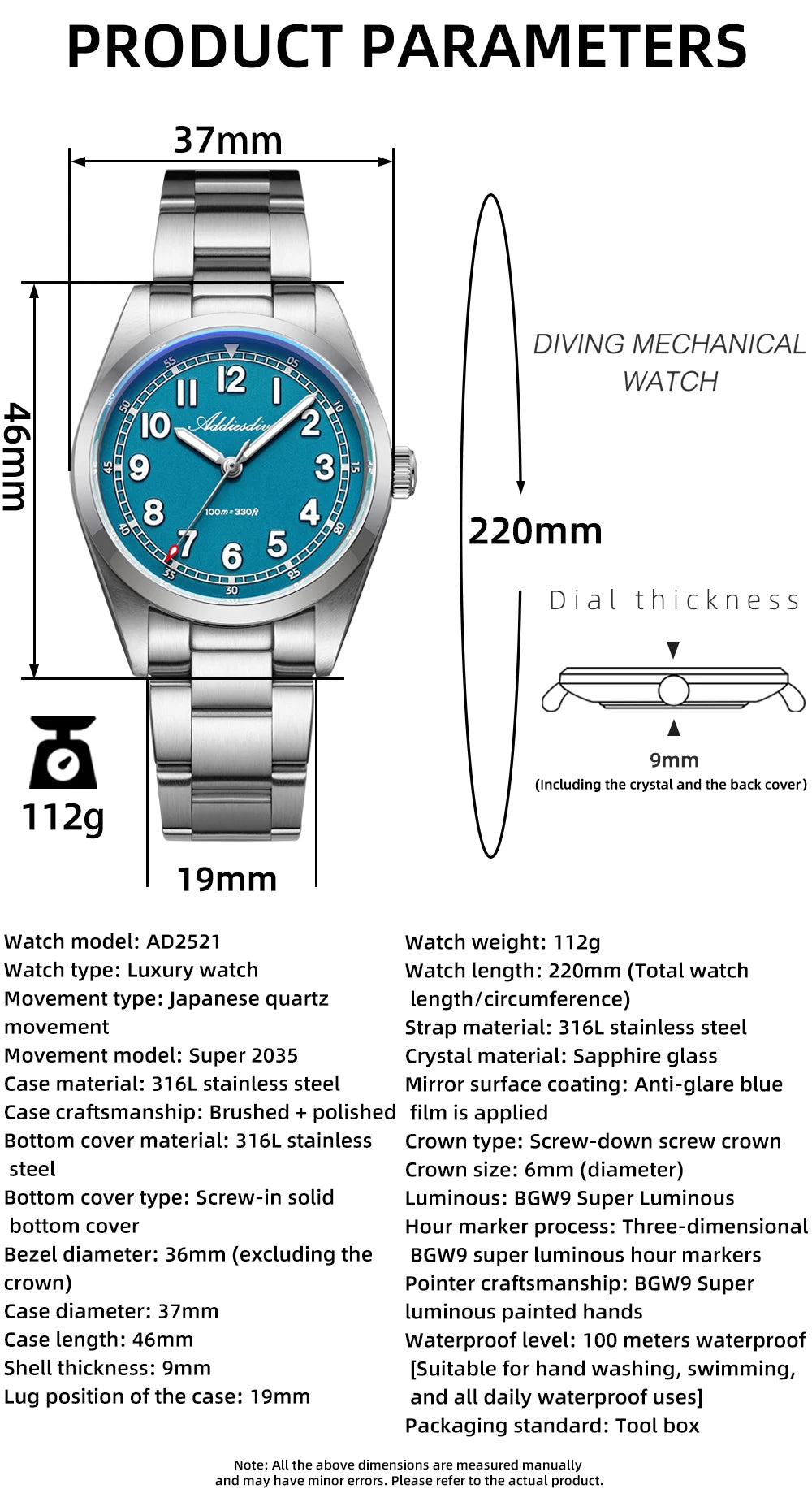 ADDIESDIVE 2026 New Men's Luxury Quartz Watch 100m Water Resistance Sapphire Crystal Japanese Movement BGW9 Blue Lume AD2521