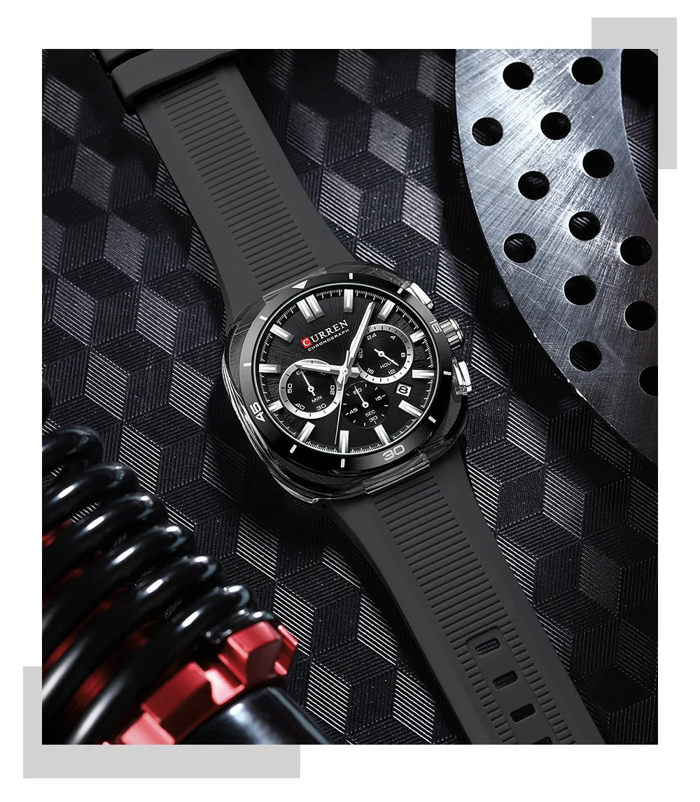 Montre pour homme CURREN – Nouveau modèle de luxe à quartz, bracelet en silicone, style sportif, multifonction, étanche, lumineuse, avec affichage de la date et chronomètre.