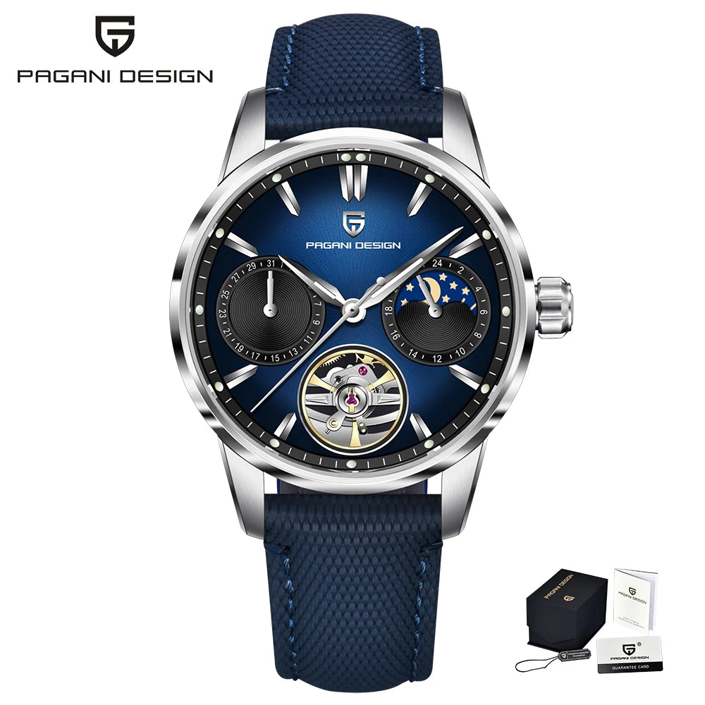 PAGANI DESIGN – Mechanische Luxusuhr für Herren, 41 mm, Saphirglas, Lederarmband, wasserdicht, Pilotenstil, mit Tourbillon und Mondphase