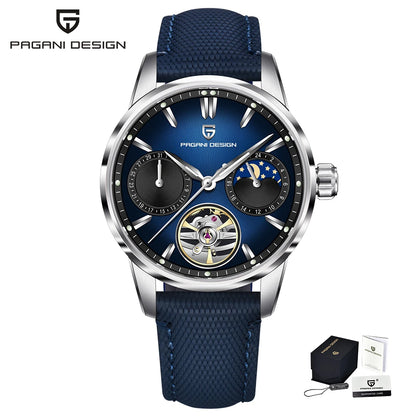 PAGANI DESIGN – Mechanische Luxusuhr für Herren, 41 mm, Saphirglas, Lederarmband, wasserdicht, Pilotenstil, mit Tourbillon und Mondphase