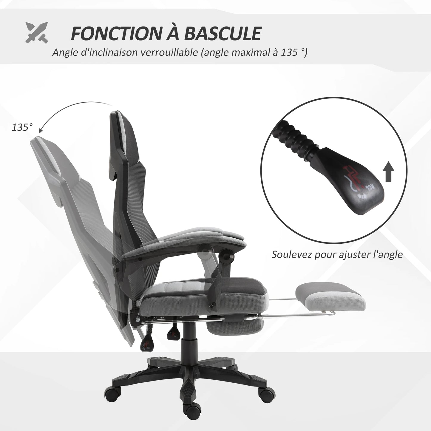 Office chair, gaming armchair, height adjustable, backrest, swivel, casters, footrest, mesh gaming chair, multi-purpose chair