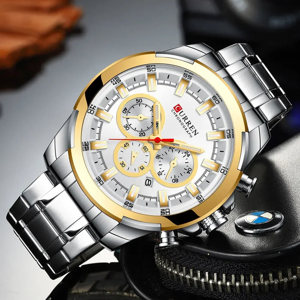 CURREN Chronographenuhr für Herren, großes Zifferblatt (48 mm), Edelstahlarmband, drei Hilfszifferblätter, Quarz-Sportarmbanduhr, luxuriöser Stil