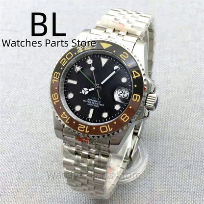 BLIGER 40mm NH34 GMT Watch For Men With Black Gray Ceramic Bezel Sapphire Glass Green Gmt Hands Green GMT Text Jubilee Bracelet