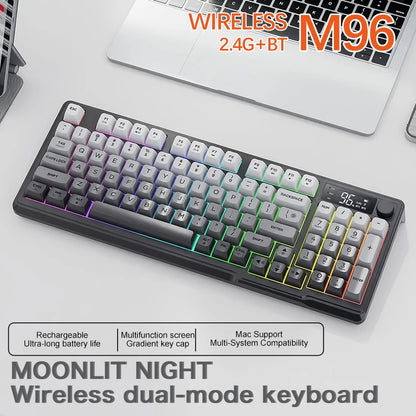 M96 Bluetooth Wireless Keyboard FREEWOLF Digital Display,RGB Backlight,2000mAh Battery & PBT Keycaps for PC/Laptop