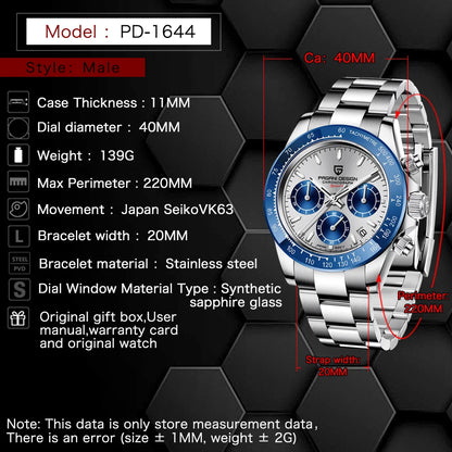 2025 PAGANI DESIGN  New PD1644 Meteorite Dial Fashion Men Quartz Wristwatches 100M Sapphire Glass Chronograph relogio masculin