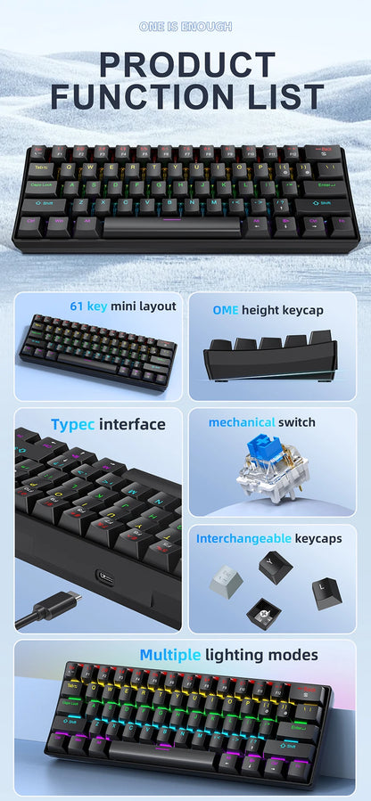 APAYADO K61 Mini-Mechanische Tastatur, kabelgebunden, 61 Tasten, Phantom RGB, schwarz/weiß, mechanische rote/blaue Switches für Gaming, 60% tragbar
