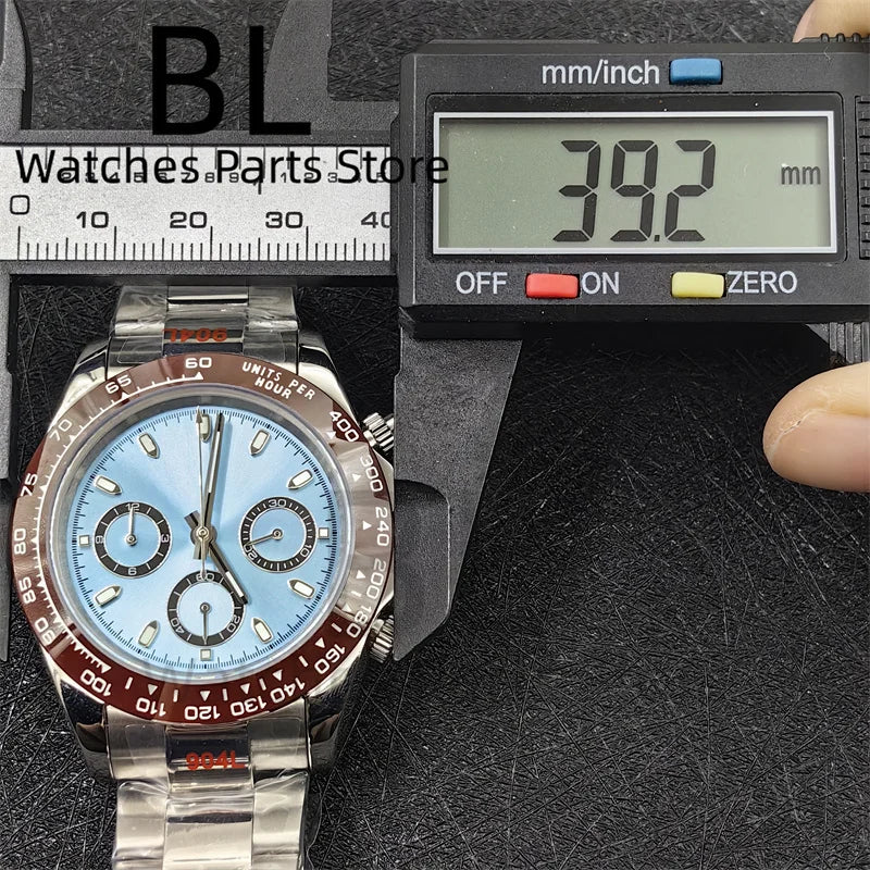 BLIGER 39mm VK63 Men's Quartz Chronograph Watch Ceramic Brown Insert Ice Blue Dial With C3 Luminous Sapphire Crystal Waterproof