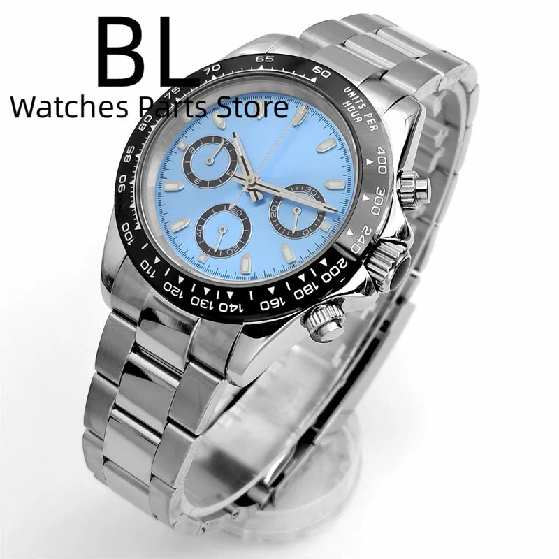 BLIGER 39mm VK63 Men's Quartz Chronograph Watch Ceramic Brown Insert Ice Blue Dial With C3 Luminous Sapphire Crystal Waterproof