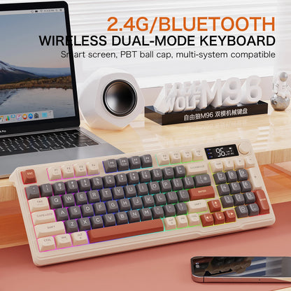 M96 Bluetooth Wireless Keyboard FREEWOLF Digital Display,RGB Backlight,2000mAh Battery & PBT Keycaps for PC/Laptop