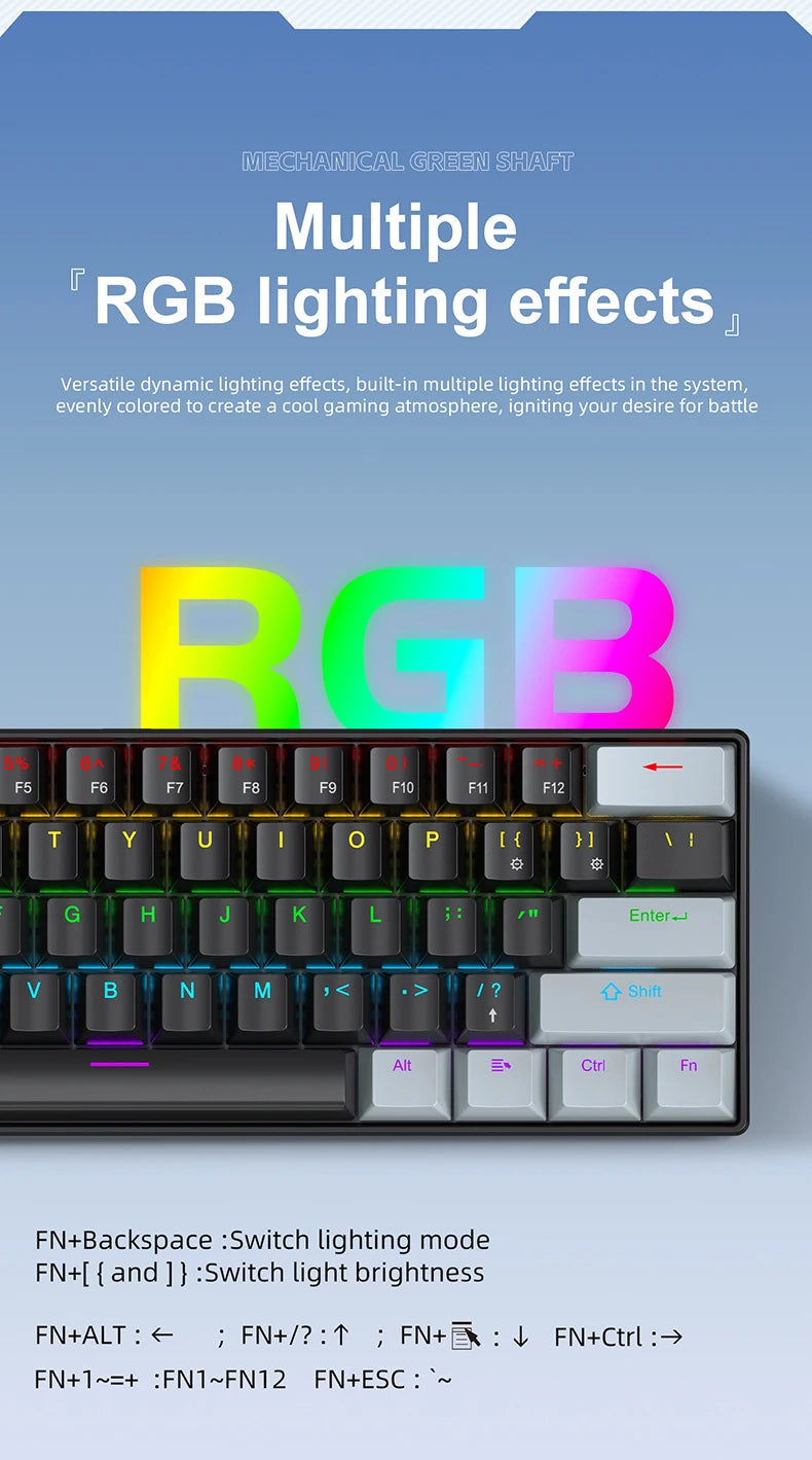 APAYADO K61 Mini 60% Gaming Keyboard 61-Key, Wired, Portable, RGB Lighting, Red/Blue Switch, Black/White/Red Colors