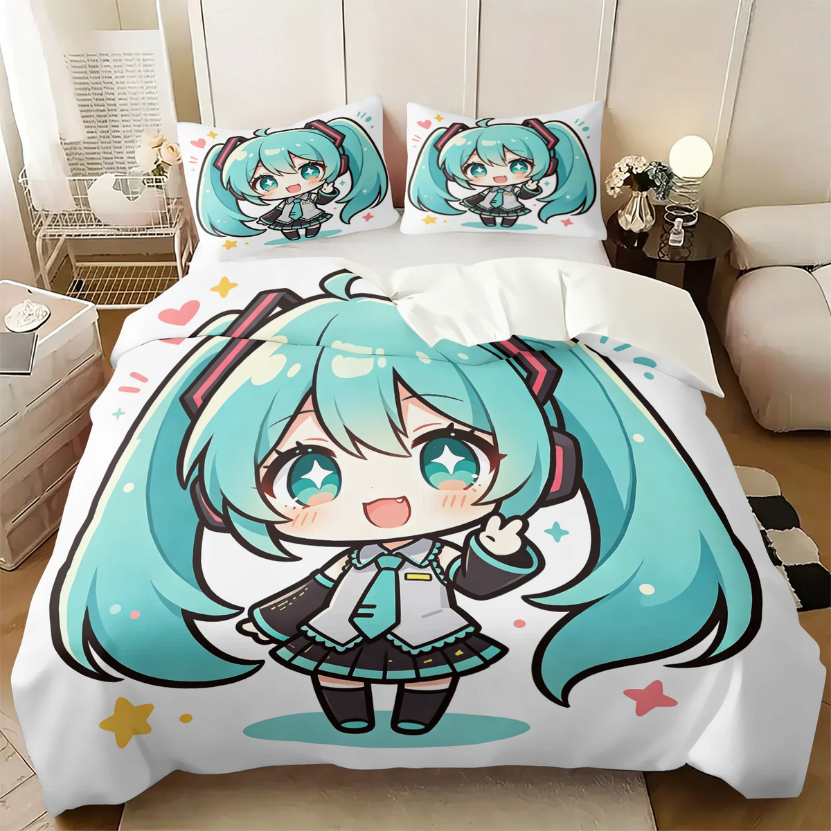 Komplet posteljnine Hatsune Miku v slogu chibi – simpatična anime posteljnina z vzglavniki za igralno sobo, dekoracija za otroško in najstniško spalnico, darilo za oboževalce
