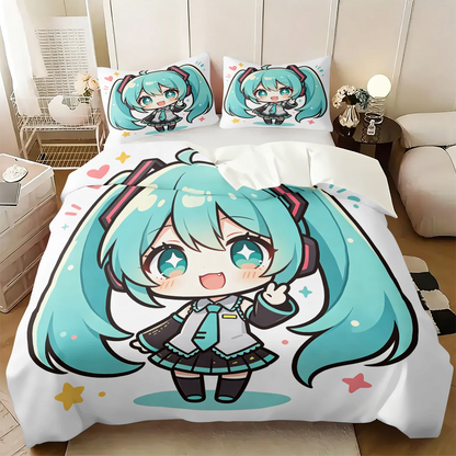 Komplet posteljnine Hatsune Miku v slogu chibi – simpatična anime posteljnina z vzglavniki za igralno sobo, dekoracija za otroško in najstniško spalnico, darilo za oboževalce