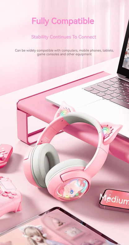 ONIKUMA B5 Wireless Gaming Headset with Cat Ears, Surround Sound Over-Ear Headphones with Microphone for PC, Laptop & Gaming